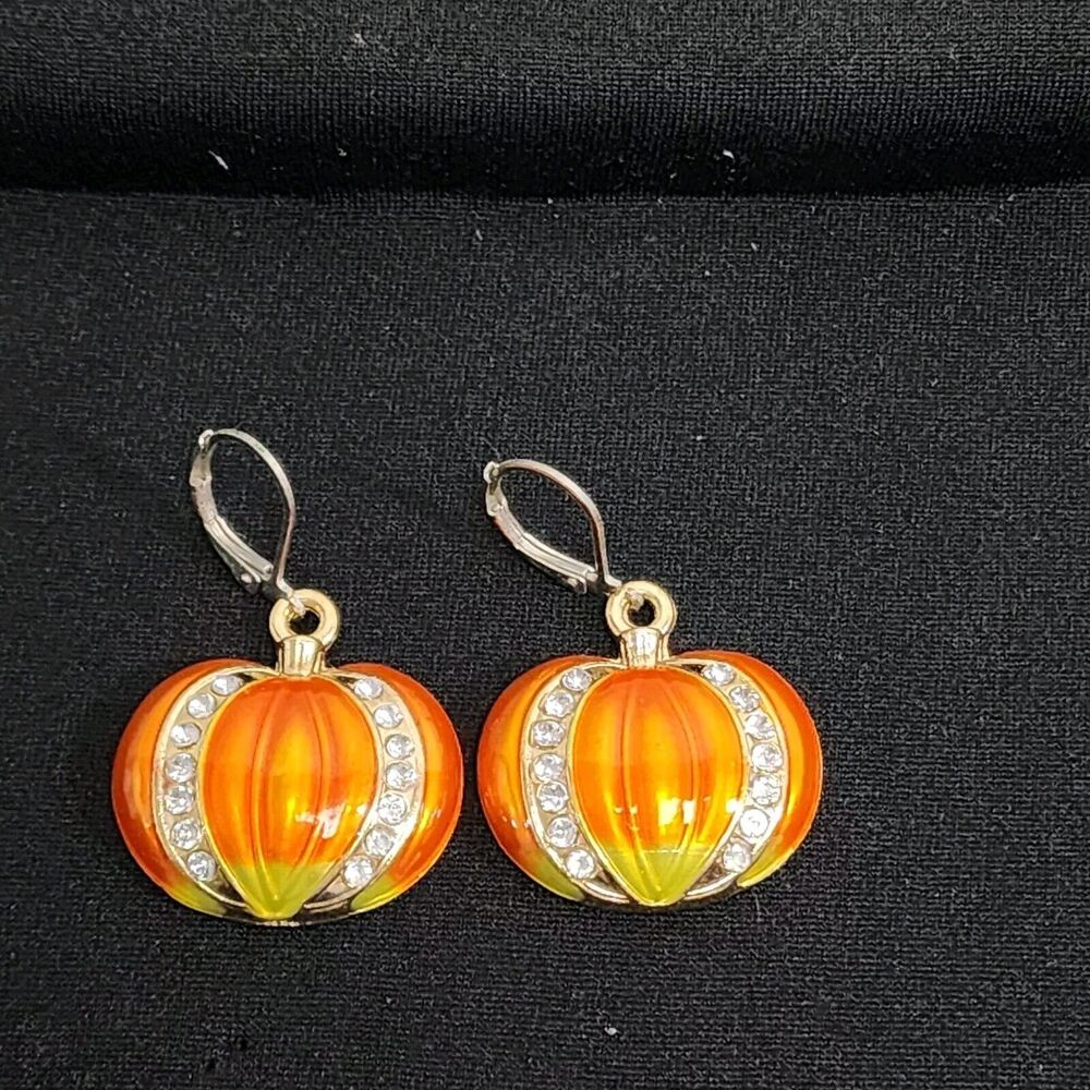 Vintage Gold Tone Orange Rhinestones Pierced Lever Back Fall Halloween Autumn